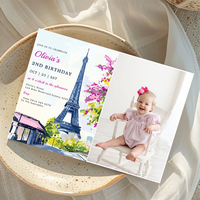 Watercolor Eiffel Tower Paris 2nd Birthday Photo  Invitation (Creator Uploaded)