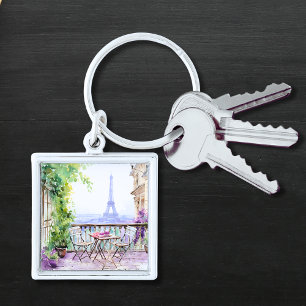 Watercolor Eiffel Tower Paris French Cafe Key Ring