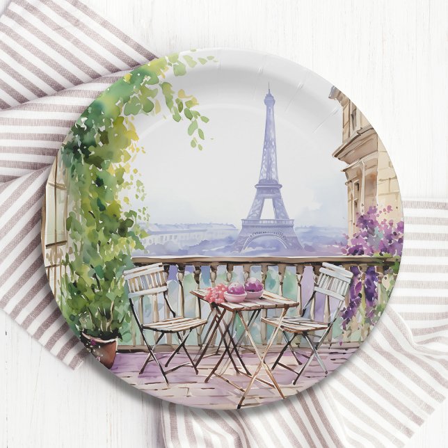 Watercolor Eiffel Tower Paris French Cafe Paper Plate (Creator Uploaded)