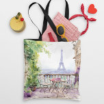 Watercolor Eiffel Tower Paris French Cafe Tote Bag<br><div class="desc">Watercolor Eiffel Tower Paris French Cafe Tote Bags features a watercolor french cafe seating area with Paris and the Eiffel Tower in the background. Created by Evco Studio www.zazzle.com/store/evcostudio</div>