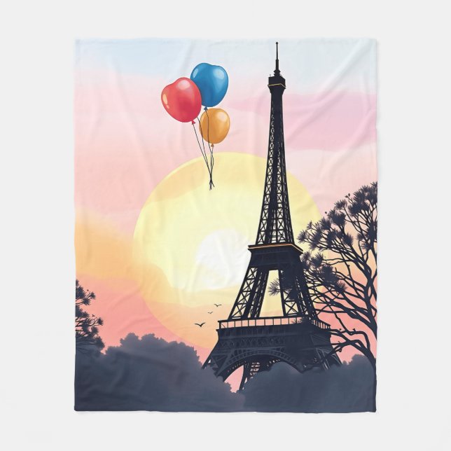 Watercolor Eiffel Tower with Balloons Fleece Blanket (Front)