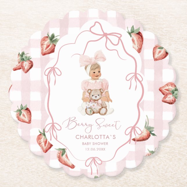 Watercolor  elegant Berry Sweet girl strawberry bi Paper Coaster (Front)