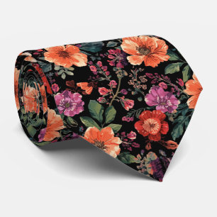 Watercolor Elegant black Summer Flowers Hues Tie
