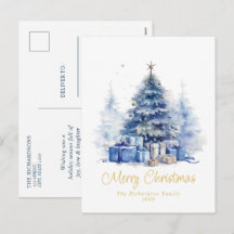 Watercolor Elegant Blue Christmas Tree