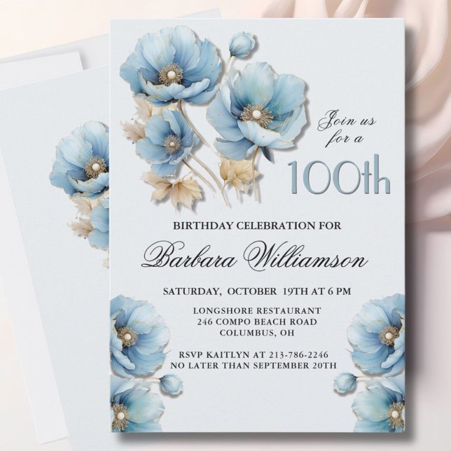 Watercolor Elegant Blue Gold Floral 100th Birthday Invitation (Creator Uploaded)