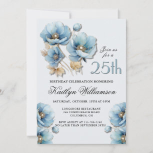 Watercolor Elegant Blue Gold Floral 25th Birthday Invitation