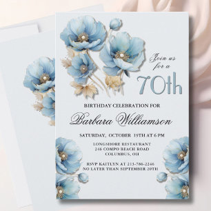 Watercolor Elegant Blue Gold Floral 70th Birthday Invitation