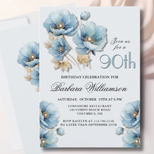 Watercolor Elegant Blue Gold Floral 90th Birthday Invitation