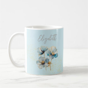 Watercolor Elegant Blue Poppies Gold Dust Coffee Mug