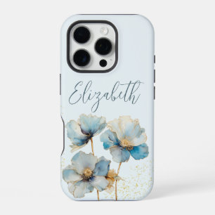 Watercolor Elegant Blue Poppies Gold Dust iPhone 16 Pro Case