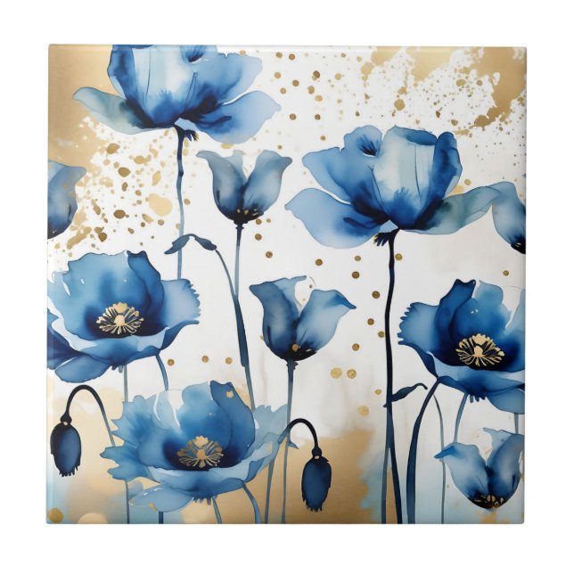 Watercolor Elegant  Blue Poppies Tile (Front)
