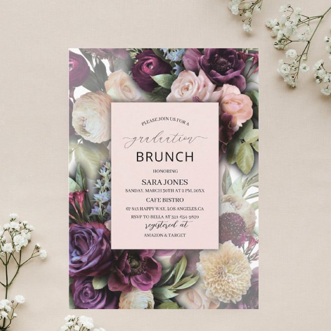 Watercolor Elegant blue purple pink flowers gradua Invitation (Creator Uploaded)