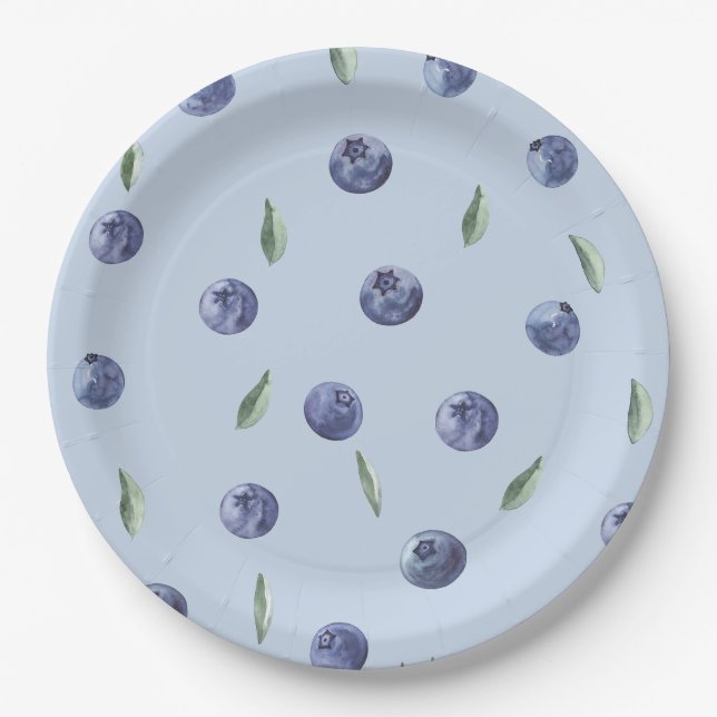 Watercolor  elegant blueberry baby shower paper plate (Front)