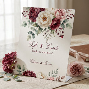 Watercolor Elegant Burgundy Blush Floral Wedding Pedestal Sign