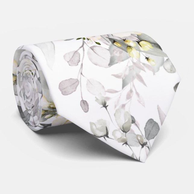 Watercolor Elegant Cream Roses+Eucalyptus Neck Tie (Rolled)