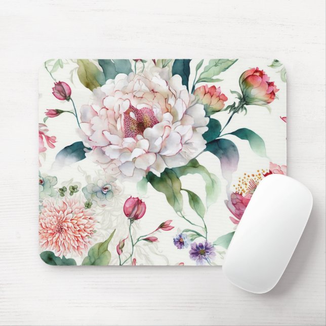 Watercolor elegant delicate asian floral pattern mouse pad (With Mouse)