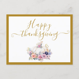 Watercolor Elegant Floral Pumpkin Thanksgiving Holiday Postcard