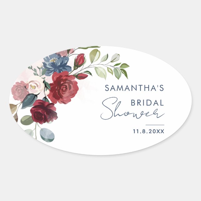 Watercolor Elegant Floral Script Bridal Shower Oval Sticker (Front)