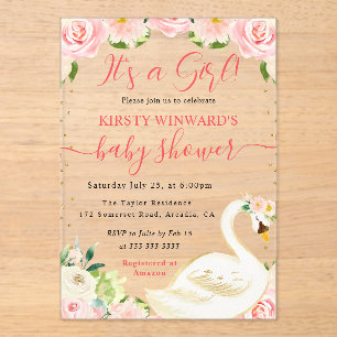 Watercolor Elegant Floral Swan Baby Shower Acrylic Invitations