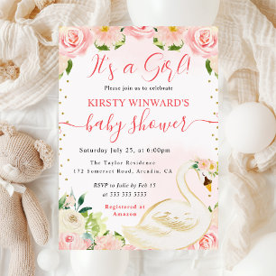 Watercolor Elegant Floral Swan Baby Shower Invitation