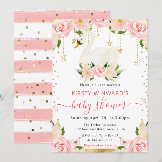Watercolor Elegant Floral Swan Baby Shower Invitation (Front/Back)