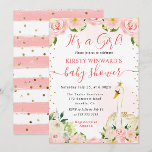 Watercolor Elegant Floral Swan Baby Shower Invitation