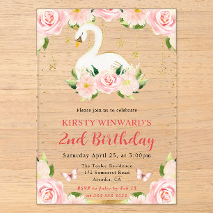 Watercolor Elegant Floral Swan Birthday Acrylic Invitations