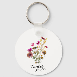 Watercolor elegant Florals Custom Name  Key Ring