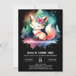 Watercolor Elegant Fox Birthday digital  Invitation