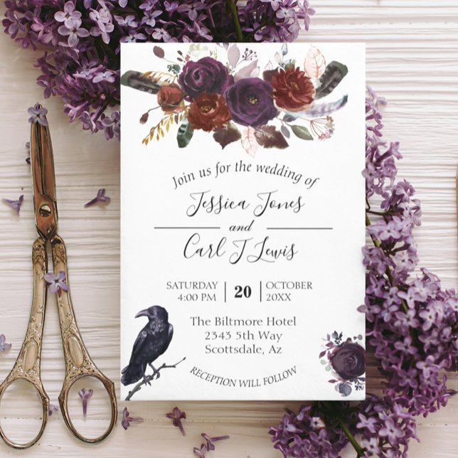 Watercolor Elegant Halloween Floral Crow Plum  Inv Invitation (Creator Uploaded)