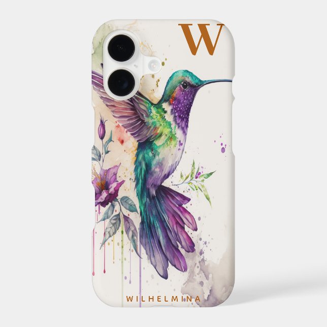 Watercolor Elegant Hummingbird Funny Monogram Name iPhone Case (Back)