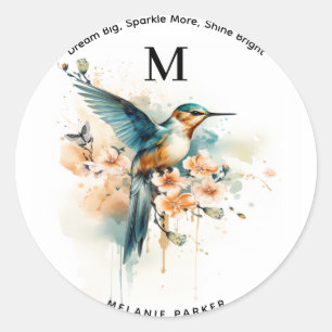 Watercolor Elegant Hummingbird Monogram With Name Classic Round Sticker