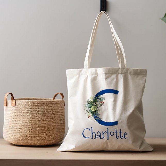 Watercolor elegant letter flower white blue tote bag (Creator Uploaded)