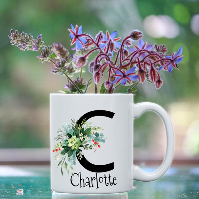 Watercolor elegant letter flower white coffee mug (Creator Uploaded)