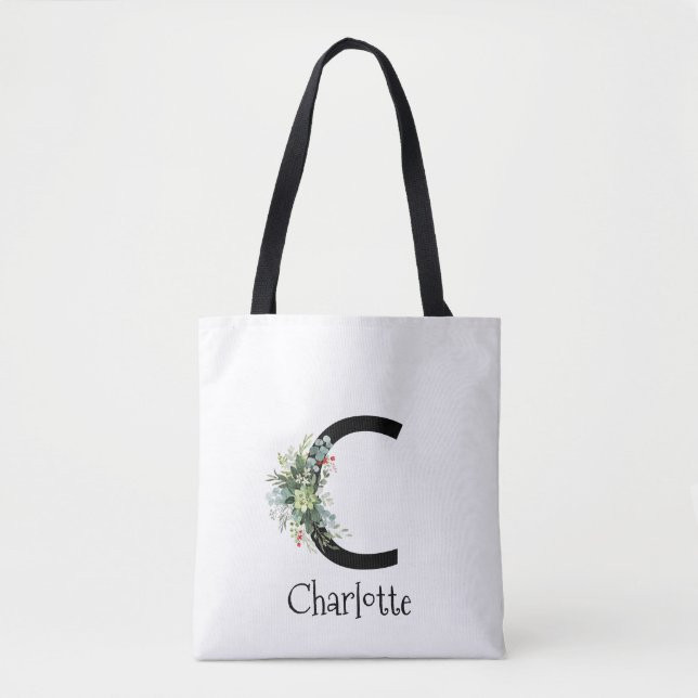 Watercolor elegant letter flower white  tote bag (Front)