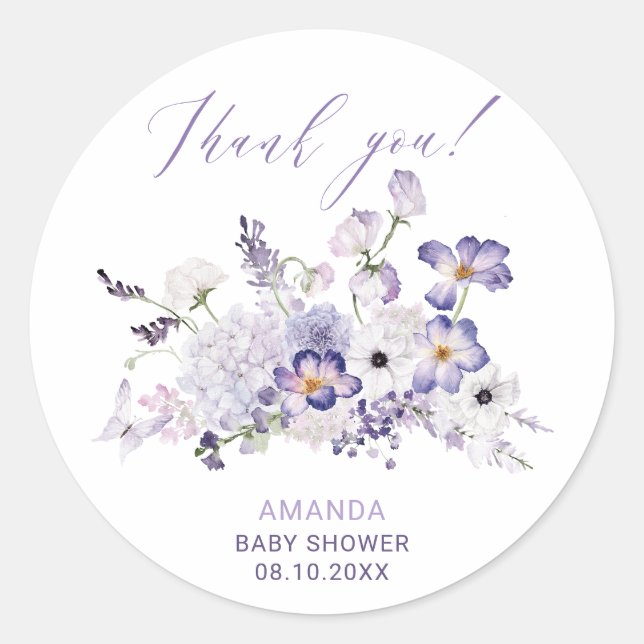 Watercolor Elegant Lilac flowers  Baby Shower Classic Round Sticker (Front)