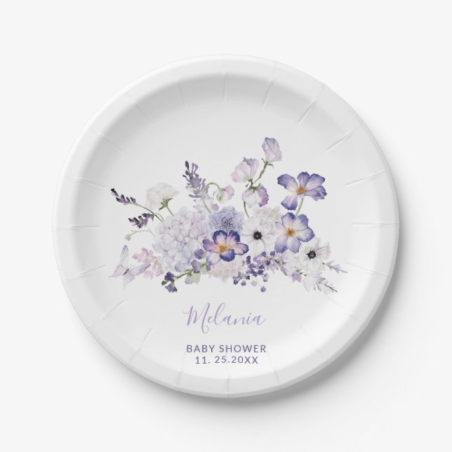  Watercolor elegant lilac flowers  baby shower  Paper Plate (Front)