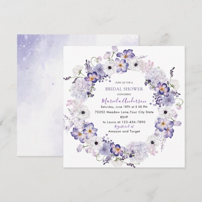 Watercolor elegant lilac flowers bridal shower holiday card (Front/Back)