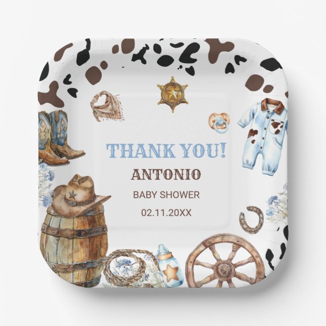 Watercolor  elegant Little Cowboy RodePaper Napkin Paper Plate (Front)