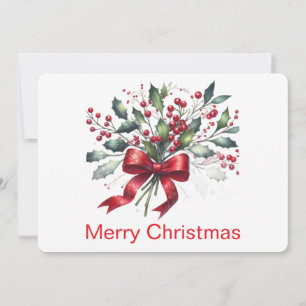 Watercolor elegant mistletoe with red ribbon holiday card
