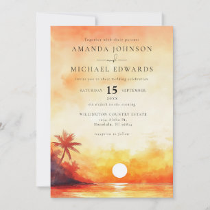 Watercolor Elegant Orange Beach Sunset Wedding Invitation
