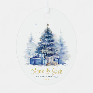 Watercolor Elegant Our First Christmas Blue Tree Metal Tree Decoration