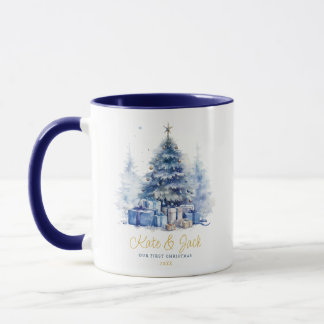 Watercolor Elegant Our First Christmas Blue Tree Mug