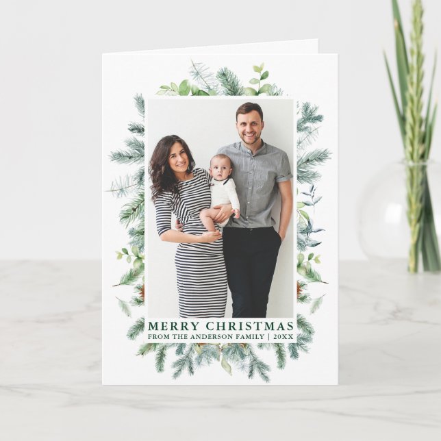Watercolor Elegant Pine Frame Family Fold Green Holiday Card (Front)