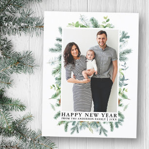 Watercolor Elegant Pine Frame Happy New Year Photo Postcard