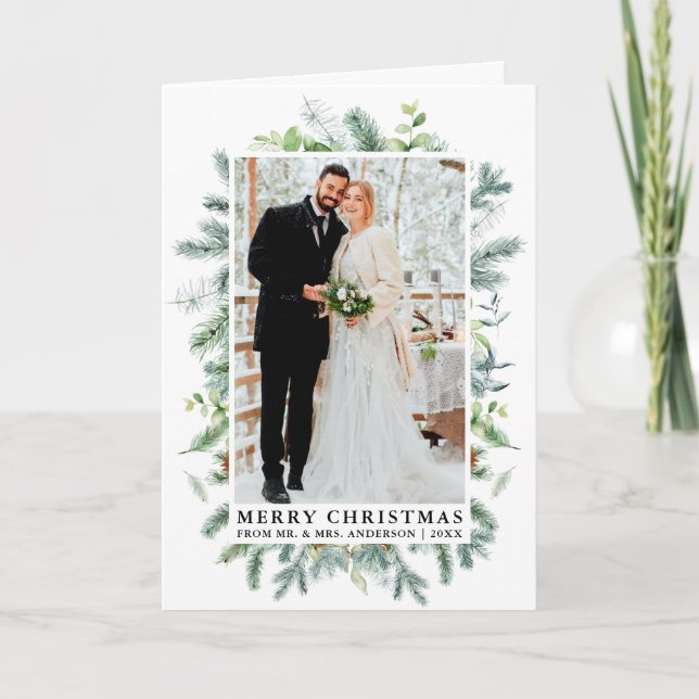 Watercolor Elegant Pine Frame Wedding Photo Fold Holiday Card (Front)