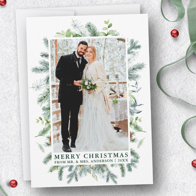 Watercolor Elegant Pine Frame Wedding Photo Green Holiday Card (Customize to change text size or style.)