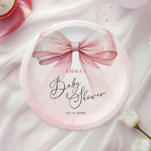 Watercolor Elegant Pink Bow Baby Shower Paper Plate