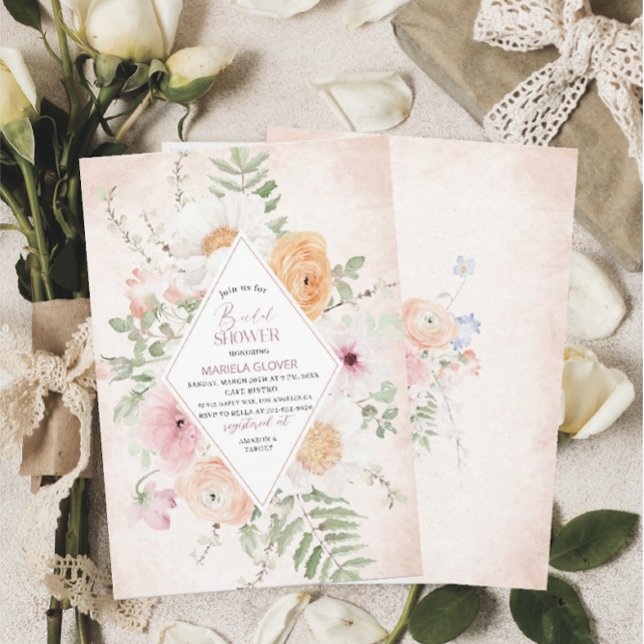 Watercolor Elegant  Pink  flowers Bridal Shower Invitation (Creator Uploaded)