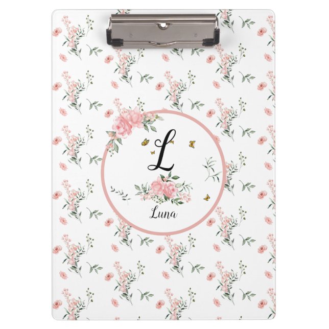 Watercolor Elegant Pink Roses with Butterflies Clipboard (Front)
